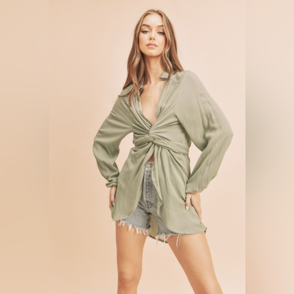 Aemi + Co Tied Collared Neck Long Sleeve Top